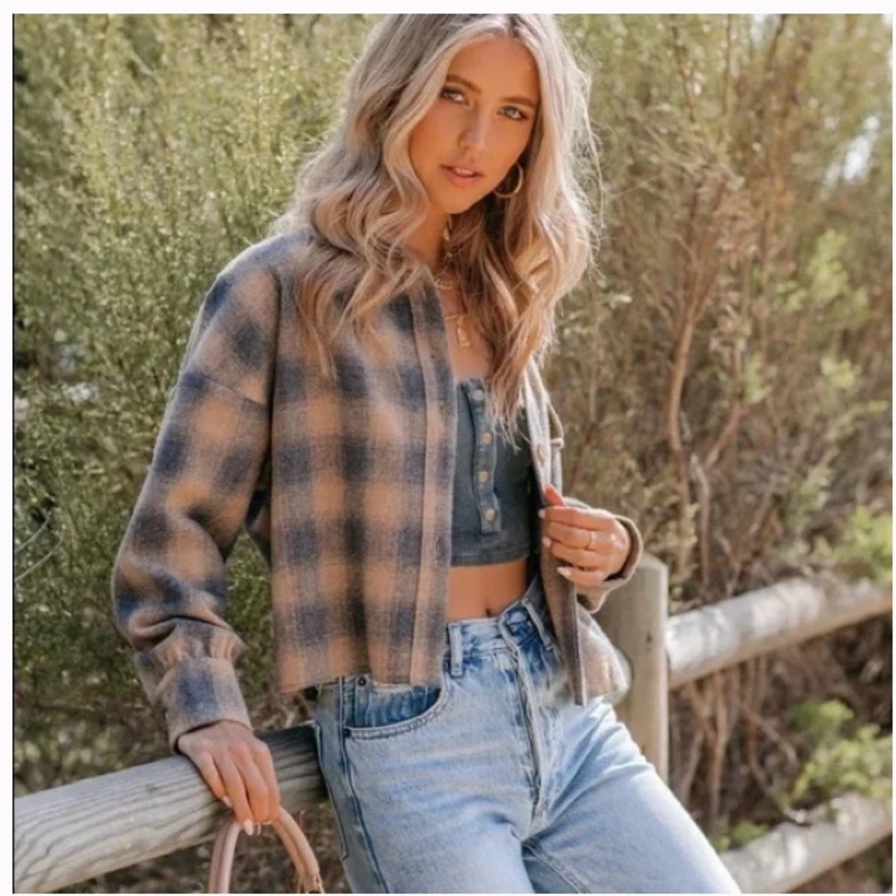 Plaid Crop Button Down Shacket - image 2